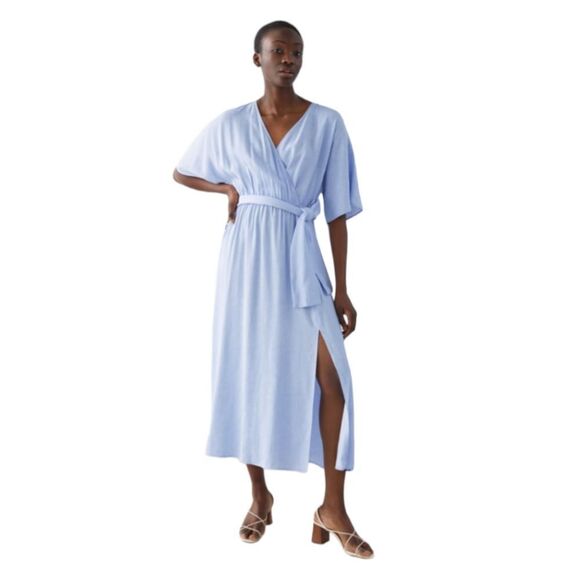 & Other Stories Belted Kimono Wrap Midi Textured Dress Light Blue sz 4 - Picture 1 of 15